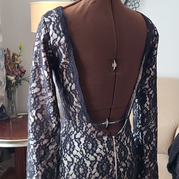 Black Lace Formal Gown Grad Bridesmaid Low Back with Train - Picture 7 of 15